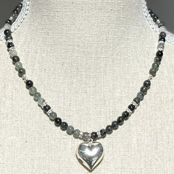🆕 Green Tourmaline Rutilated Quartz Necklace & Earrings Set | 925 Puffy Hearts - Picture 1 of 5